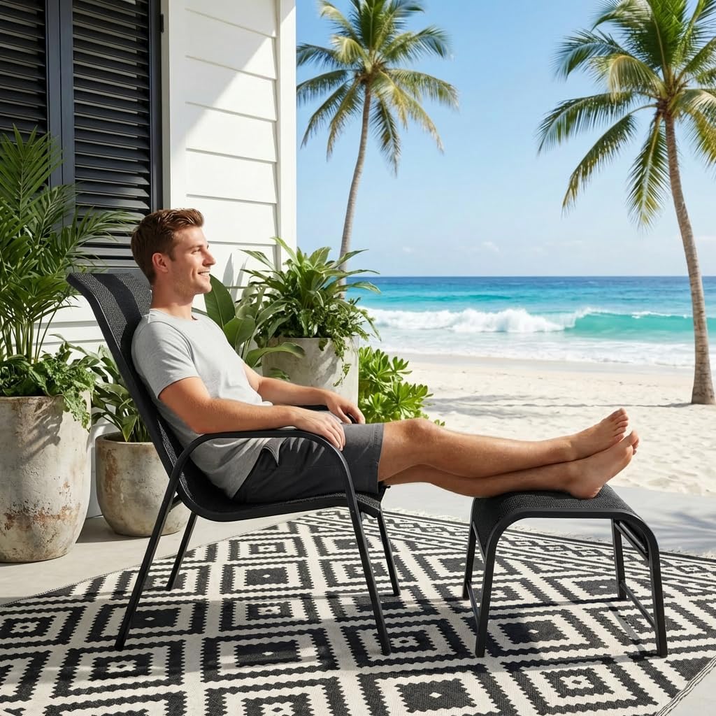 Outdoor Patio Ottoman Set of 2 with Metal Frame, Textilene Fabric Small Seating, All Weather Foot Stool Stackable Resistant for Outdoor Foot Rest for Furniture Patio Garden Pool(2, Black)