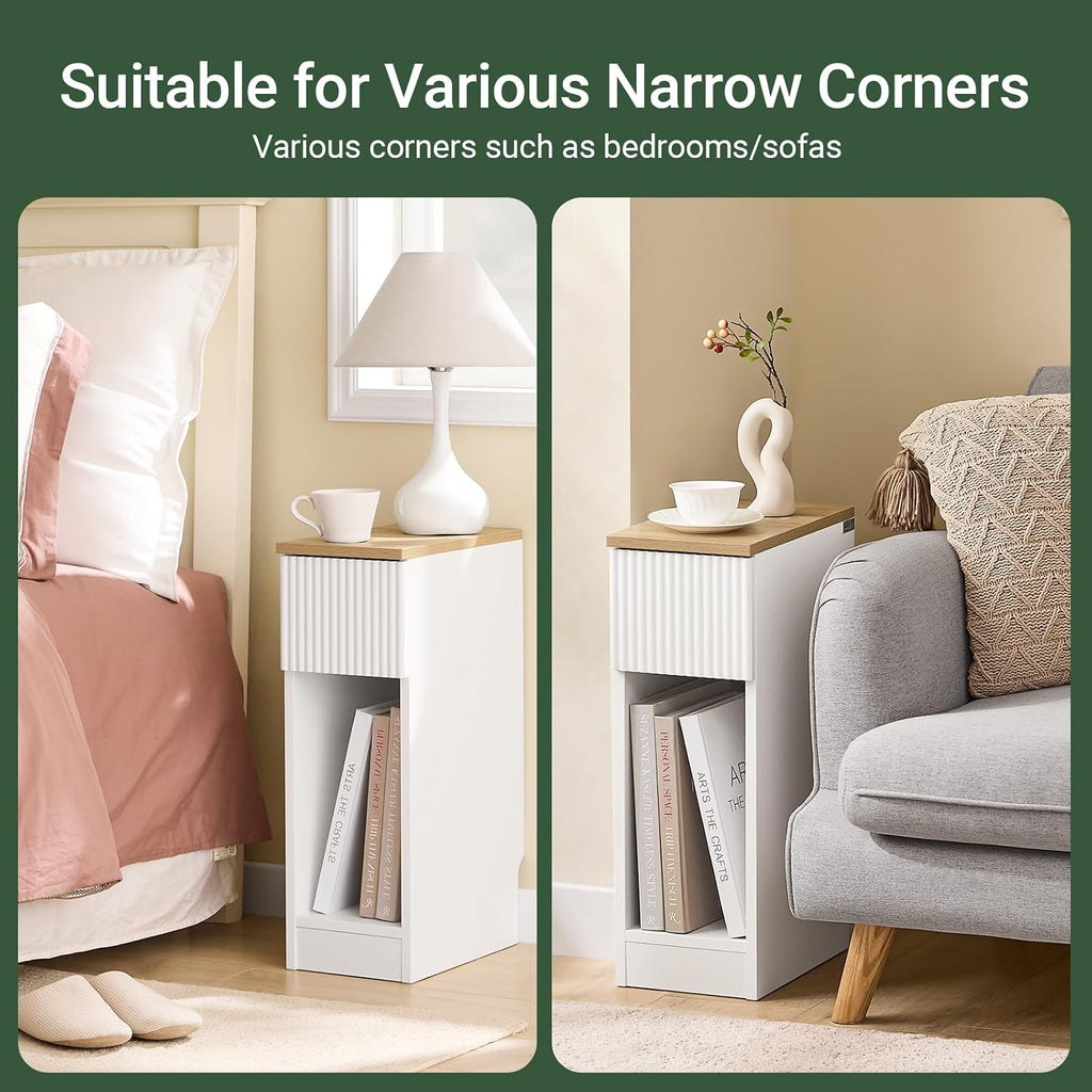 SoBuy Narrow Nightstand, Slim Bedside Tables with Drawers Suitable for Small Space, Easy Assemble (White) | Bedside Table Bedroom Living Room Table with Skirting Board Design, Space Saving for Small Spaces, White, FBT111-W