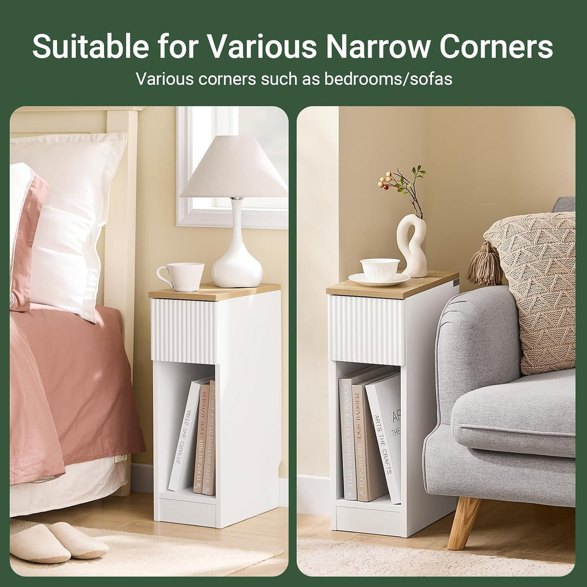 SoBuy Narrow Nightstand, Slim Bedside Tables with Drawers Suitable for Small Space, Easy Assemble (White) | Bedside Table Bedroom Living Room Table with Skirting Board Design, Space Saving for Small Spaces, White, FBT111-W