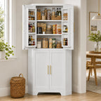 Corner Cabinet, Metal Storage, Kitchen Pantry Cabinet with Adjustable Shelves & Spice Rack, Tall Freestanding Corner Pantry with Shaker Doors & Gold Handles for Kitchen, Bathroom, Living Room (White)