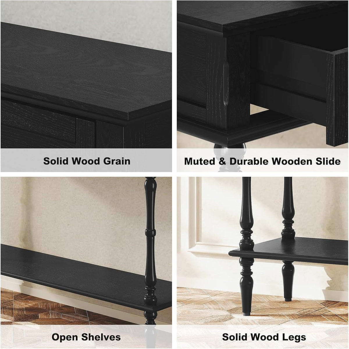 ARTPOWER Console Table for Entryway with 2 Drawers, 10 mins Assembly, Black | Solid Wood Veneer Entry Table, Behind Couch Sofa Table with Open Storage Shelf for Living Room, Foyer, Hallway