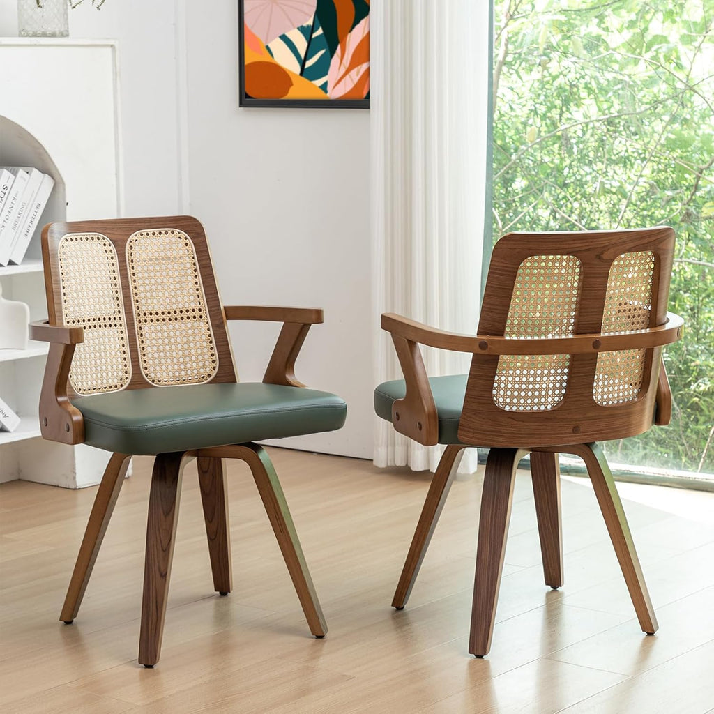 Walnut Dining Chairs - Swivel Rattan Dining Chairs with Bentwood Frame with Ergonomic Cane Back, Curved Arms, MCM Dining Chairs for Kitchen/Restaurant/Living Room/Conference (Walnut Green, Set of 2)
