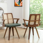 Walnut Dining Chairs - Swivel Rattan Dining Chairs with Bentwood Frame with Ergonomic Cane Back, Curved Arms, MCM Dining Chairs for Kitchen/Restaurant/Living Room/Conference (Walnut Green, Set of 2)