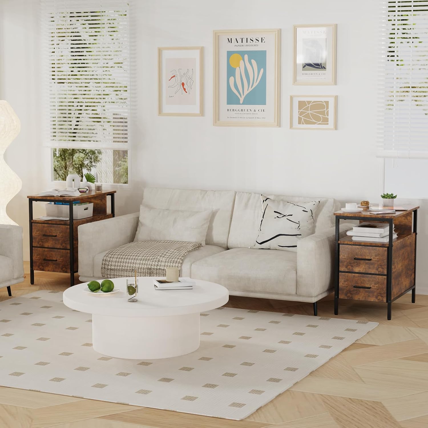 End Table with Charging Station, Narrow Side Table with 2 Fabric Drawers & Storage Shelf, USB Ports & Power Outlets, Nightstand for Bedroom, Living Room and Small Spaces, Rustic Brown