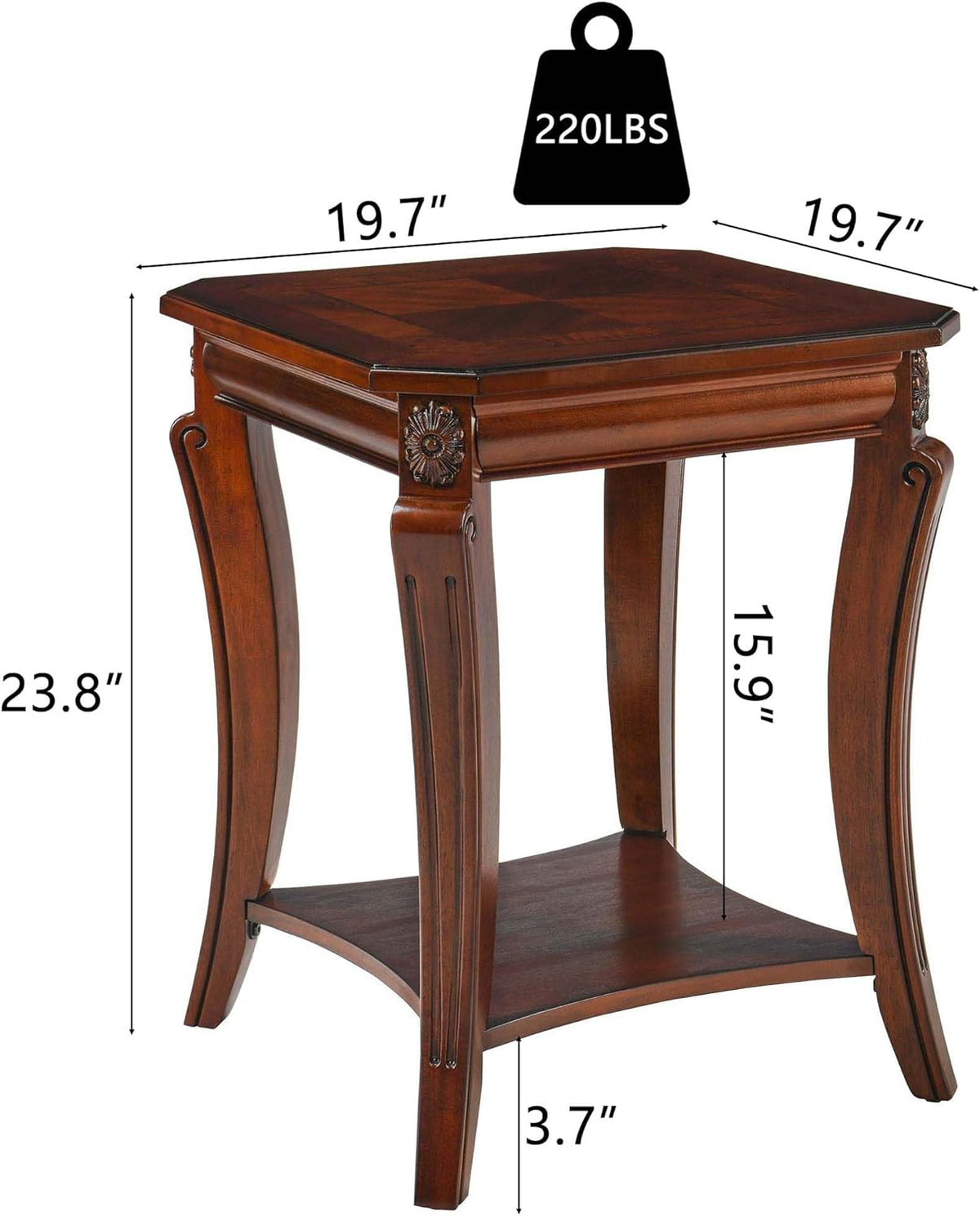 PADMA HOUSE Traditional Wood End Table with Storage Shelf, Square Solid Wood Sofa Side Table with Curved Legs, 2-Tier Wooden Bedside Tables in Cherry for Living Room,19.7 * 19.7 * 23.8in