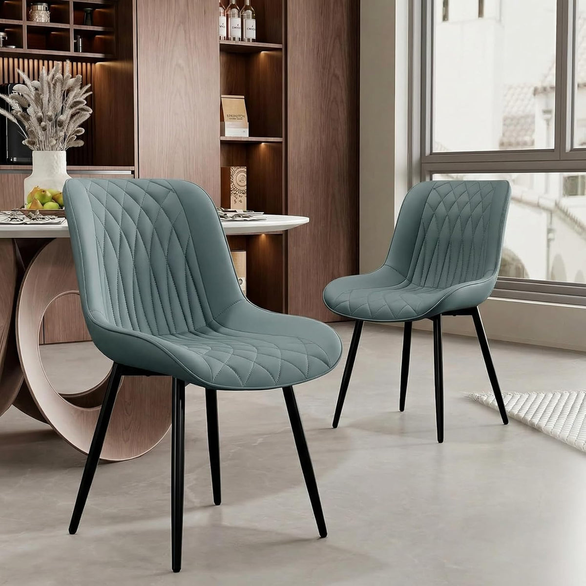 Rowill Dining Chairs Set of 2 Modern Faux Leather Kitchen Chairs with Thickened Metal Frame, Scratch-Resistant Upholstery,Widened Seat & Anti-Slip Pads, Cushioned Backrest for Kitchen,Greyish Green
