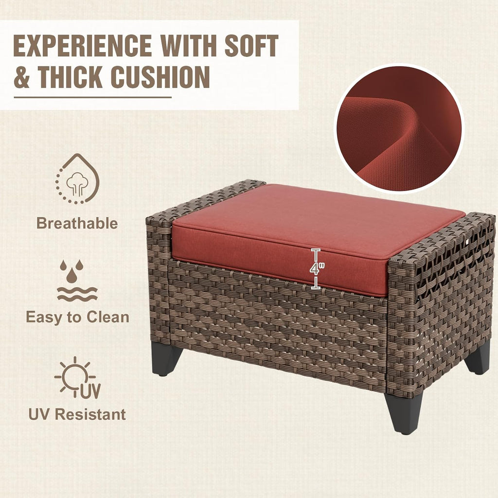 2 Pieces Modern Outdoor Wicker Patio Footstools, Multipurpose PE Rattan Ottomans Set for Poolside, Backyard and Balcony, Brown/Red