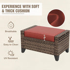 2 Pieces Modern Outdoor Wicker Patio Footstools, Multipurpose PE Rattan Ottomans Set for Poolside, Backyard and Balcony, Brown/Red