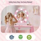 TOLEAD Girls Vanity with Lights, Mirror and Stool, Kids Make Up Vanity Set with Storage Space, Wing Pattern for Little Girls, Toddler Princess Makeup Dressing Table with Chair Set, Pink