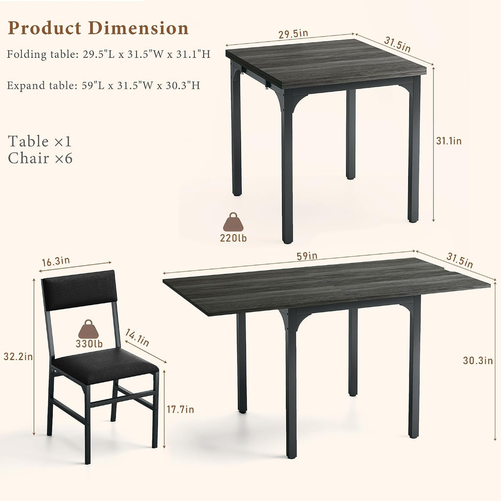 7-Piece Dining Table Set for 4-6, Extendable Kitchen Table Cushion Chairs Set of 6 with 6 Chairs, Rectangle Dining Table with Metal Frame & MDF Board, Folding for Small Apartment Saving Space,Grey Oak