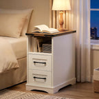 HOOBRO Narrow End Table with Drawers, Farmhouse Nightstand with Charging Station, 3 Storage Shelves on the Back, Slim Bedside Table for Living Room, Bedroom, Small Space, White and Walnut WH362UBZ01