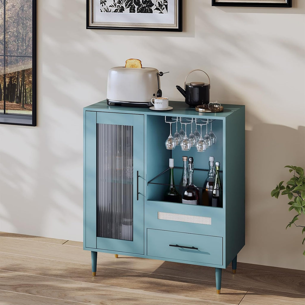 Modern Wine Bar Cabinet with Tempered Glass Door – Wine Rack, Drawers & Ample Storage – Freestanding Sideboard Buffet for Dining Room, Kitchen, or Coffee & Liquor Display – Green