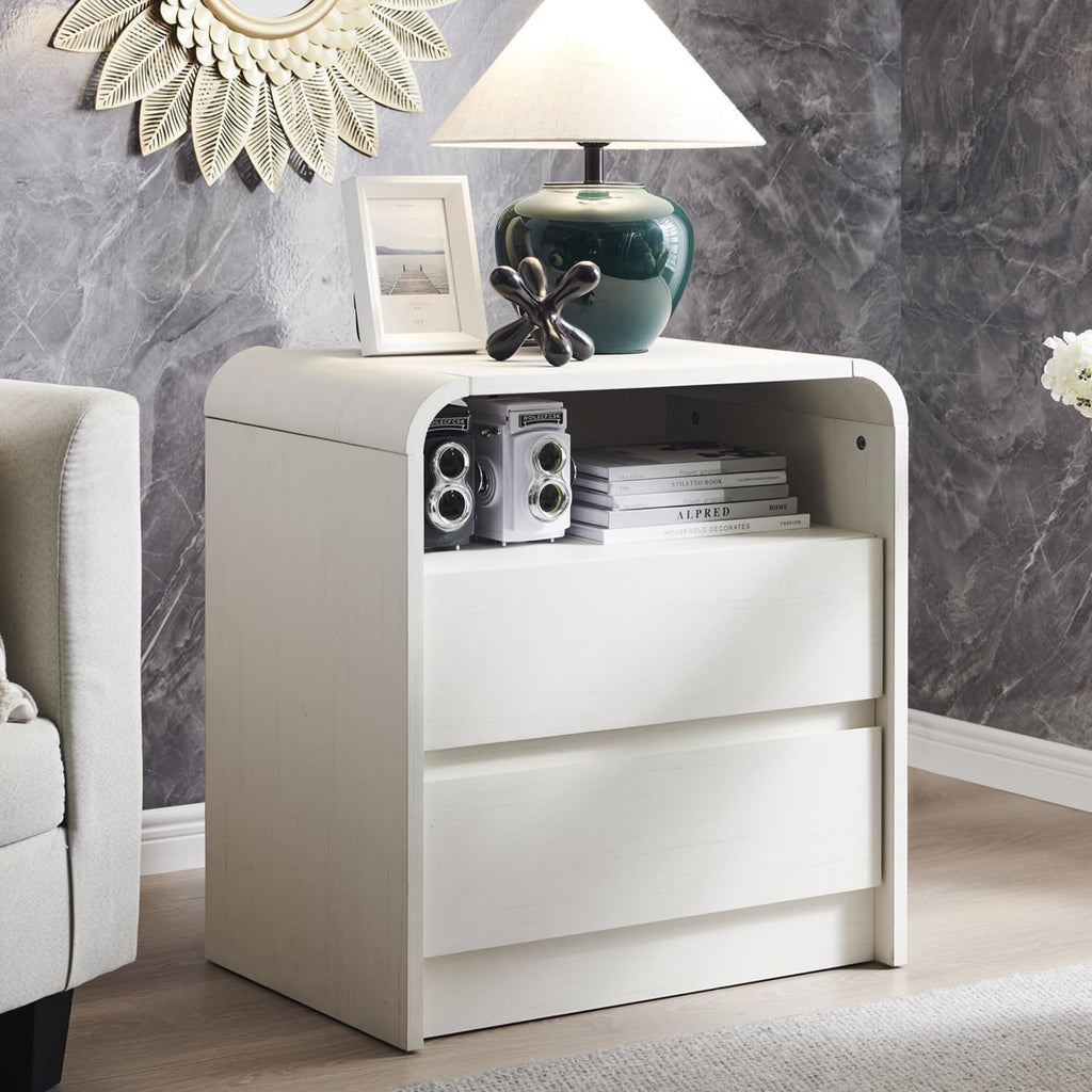 Aitjunz 25" Tall Modern Nightstand, Wood Curved Bedside Table, White