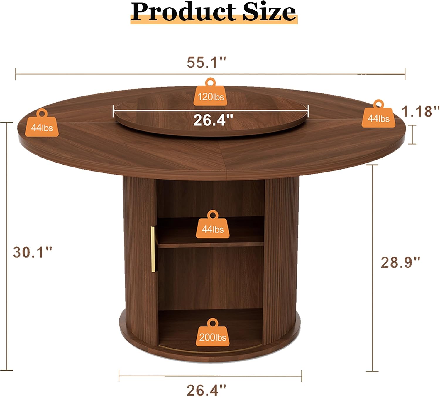 55'' Round Dining Table for 4-6, Mid-Century Modern Kitchen Table with Rotating Tray and 2-Layer Storage Shelf, Wood Slide Door Dining Room Table for Home Living Room, Walnut
