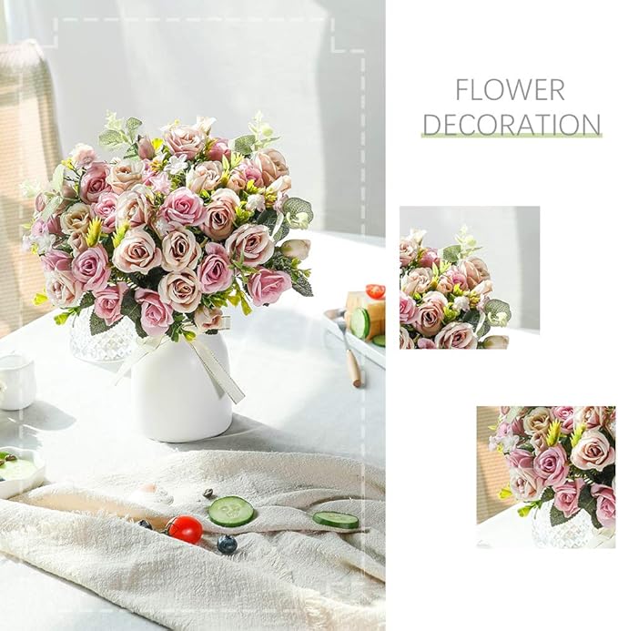 LESING Artificial Silk Rose with Vase Fake Flowers Wedding Flowers Bouquets Arrangement Home Office Party Centerpiece Table Decoration (Purple)