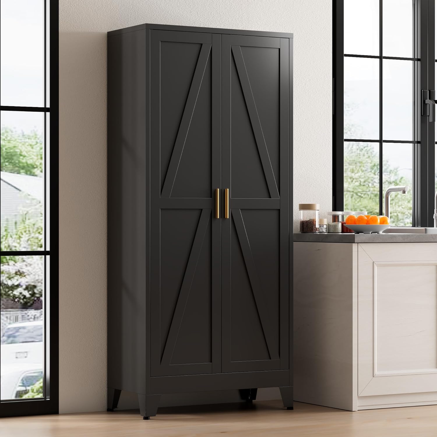 71" Tall Metal Pantry Cabinet, Kitchen Storage Cabinet with 2 Doors and 4 Adjustable Shelves for Kitchen, Living Room, Dining Room, Bathroom and Home, Office (Black, 1PC)