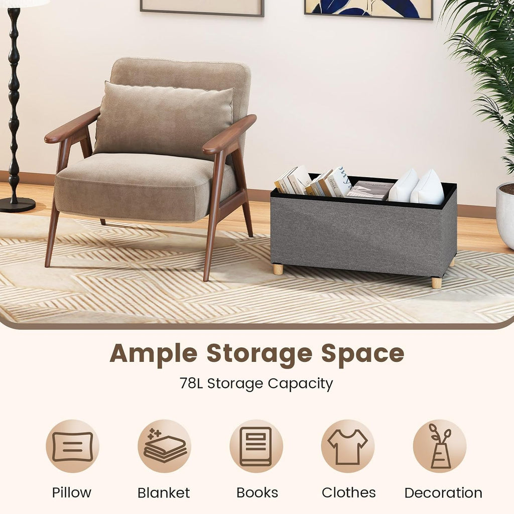 Giantex Storage Ottoman Bench with Tray Lid, Folding Linen Fabric Foot Stool with Elevated Wooden Legs, Multi-Functional Ottoman Foot Rest for Living Room Bedroom Entryway, 15 x 30 x 15.5 in