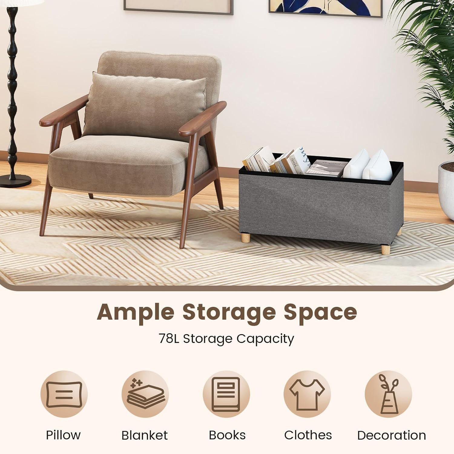 Giantex Storage Ottoman Bench with Tray Lid, Folding Linen Fabric Foot Stool with Elevated Wooden Legs, Multi-Functional Ottoman Foot Rest for Living Room Bedroom Entryway, 15 x 30 x 15.5 in
