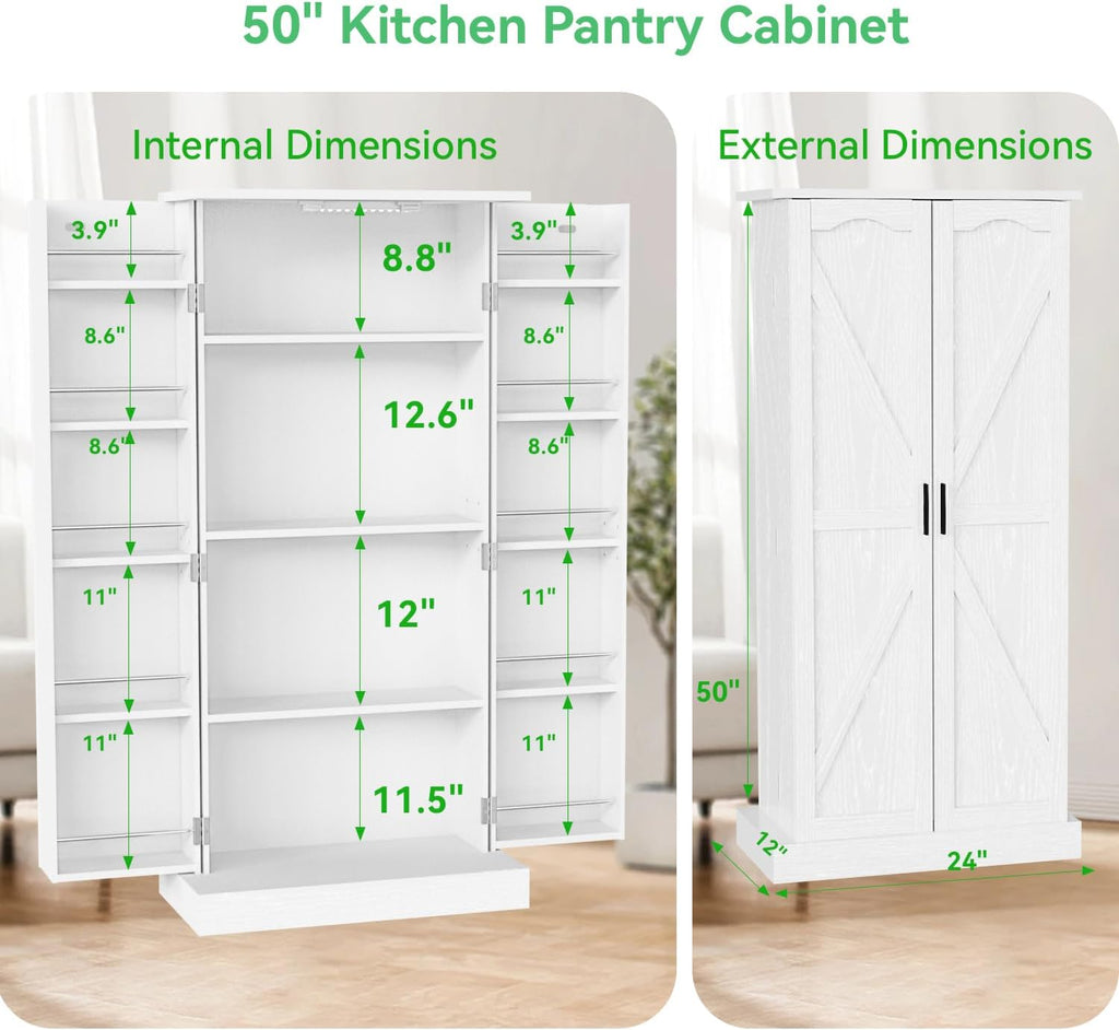 GEPELCN 50" LED Kitchen Pantry Cabinet Farmhouse Storage Cabinet Wood Food Pantry with Barn Doors and Adjustable Shelves Freestanding Buffet Cupboards Sideboard for Kitchen White