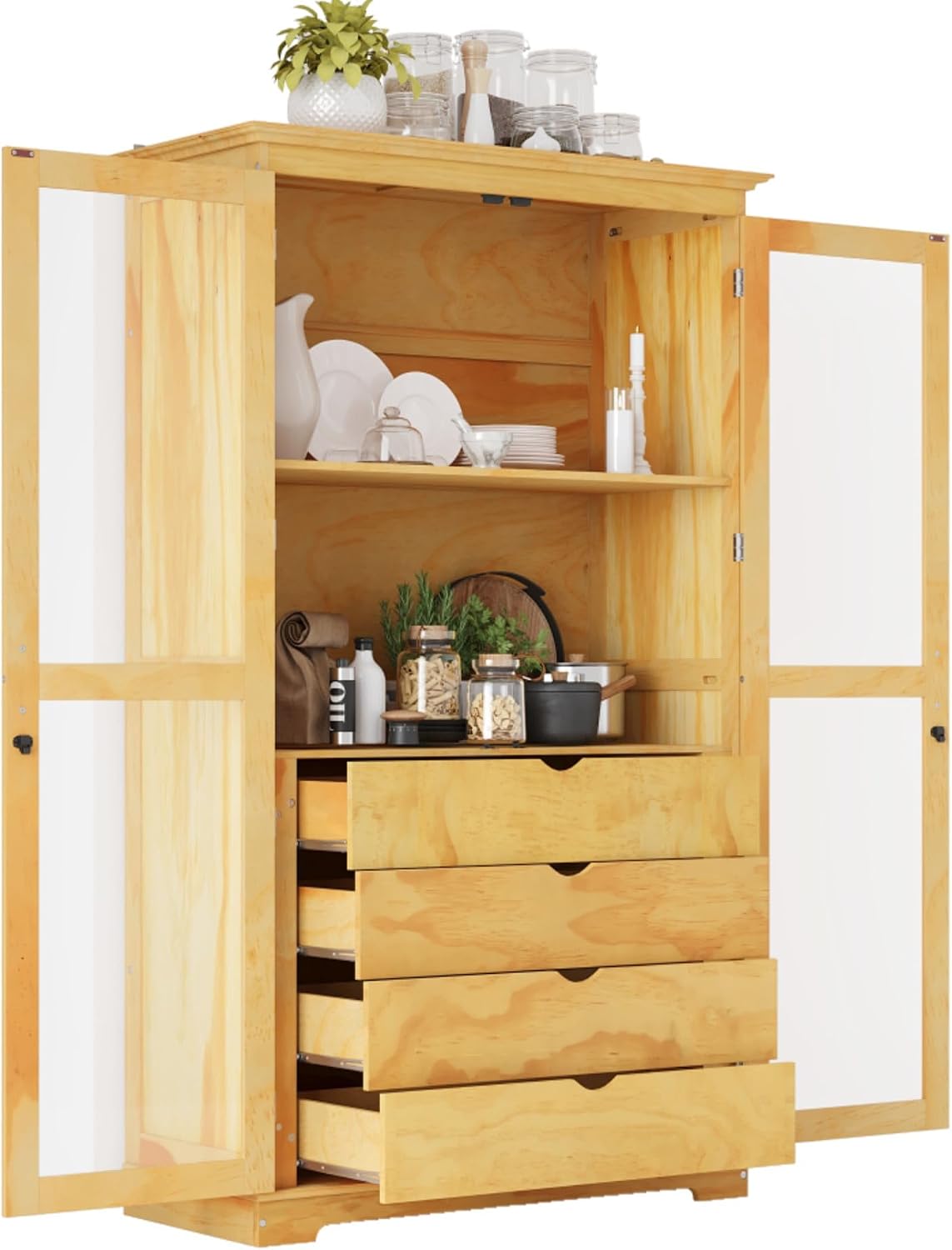 Freestanding pantry organizer armoire solid pine wood, glass double doors, four sliding drawers, adjustable shelf, kitchen hutch for dining area, office, living room display cupboard (Natural)