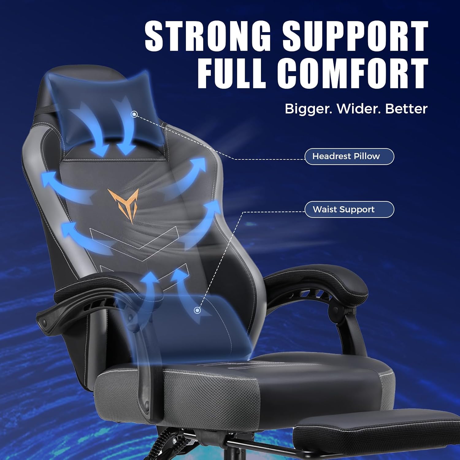 GTPLAYER Gaming Chair with Footrest, Ergonomic Office Chair 300lbs Capacity, Computer Desk Chair with Headrest and Lumbar Support, Linkage Armrests, 90-155° Recline, PU Leather Grey