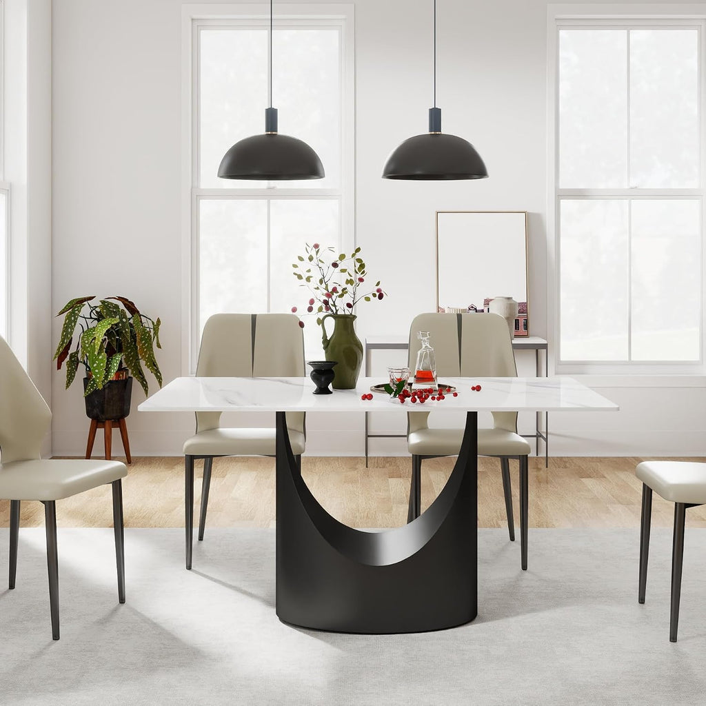 55" Modern Dining Table for 4-6, White Rectangle Dining Table, Sintered Stone Dining Tabletop with U-Shape Carbon Steel Pedestal (Table Only)