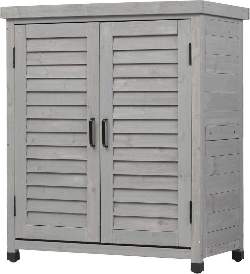 32" Solid Wood Storage Cabinet, Sideboard Cabinets with Metal Table Top, Living Room Organizer with Louvered Ventilation for Outdoor Patios, Grey