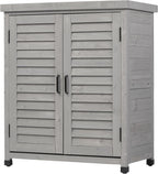 32" Solid Wood Storage Cabinet, Sideboard Cabinets with Metal Table Top, Living Room Organizer with Louvered Ventilation for Outdoor Patios, Grey