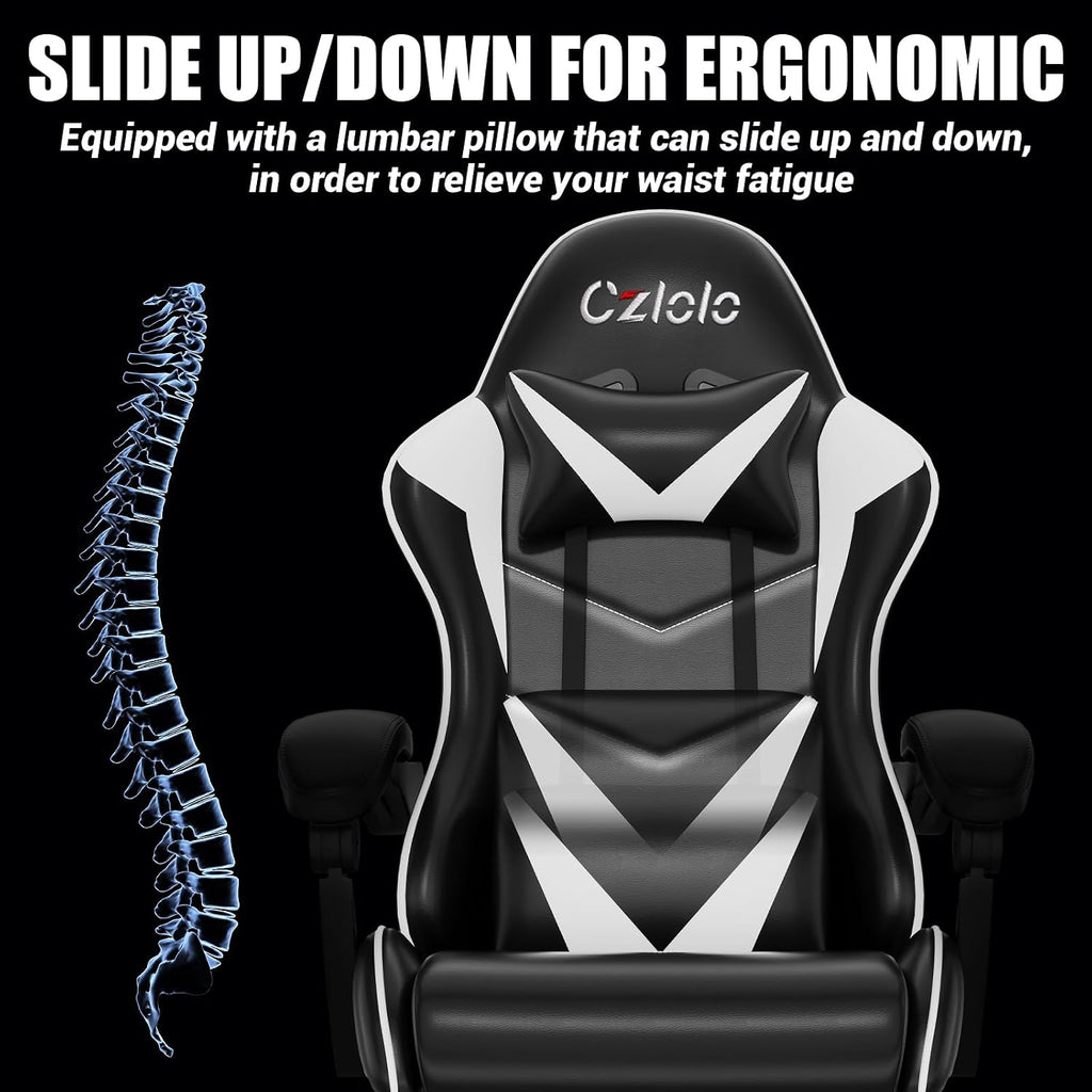 Czlolo Gaming Chair with Footrest Racing Style Lumbar Support Massager Video Game Chair with Metal Legs, High Back Reclining Gamer Chair with Headrest, 360° Swivel Office Computer Desk Chair (White)