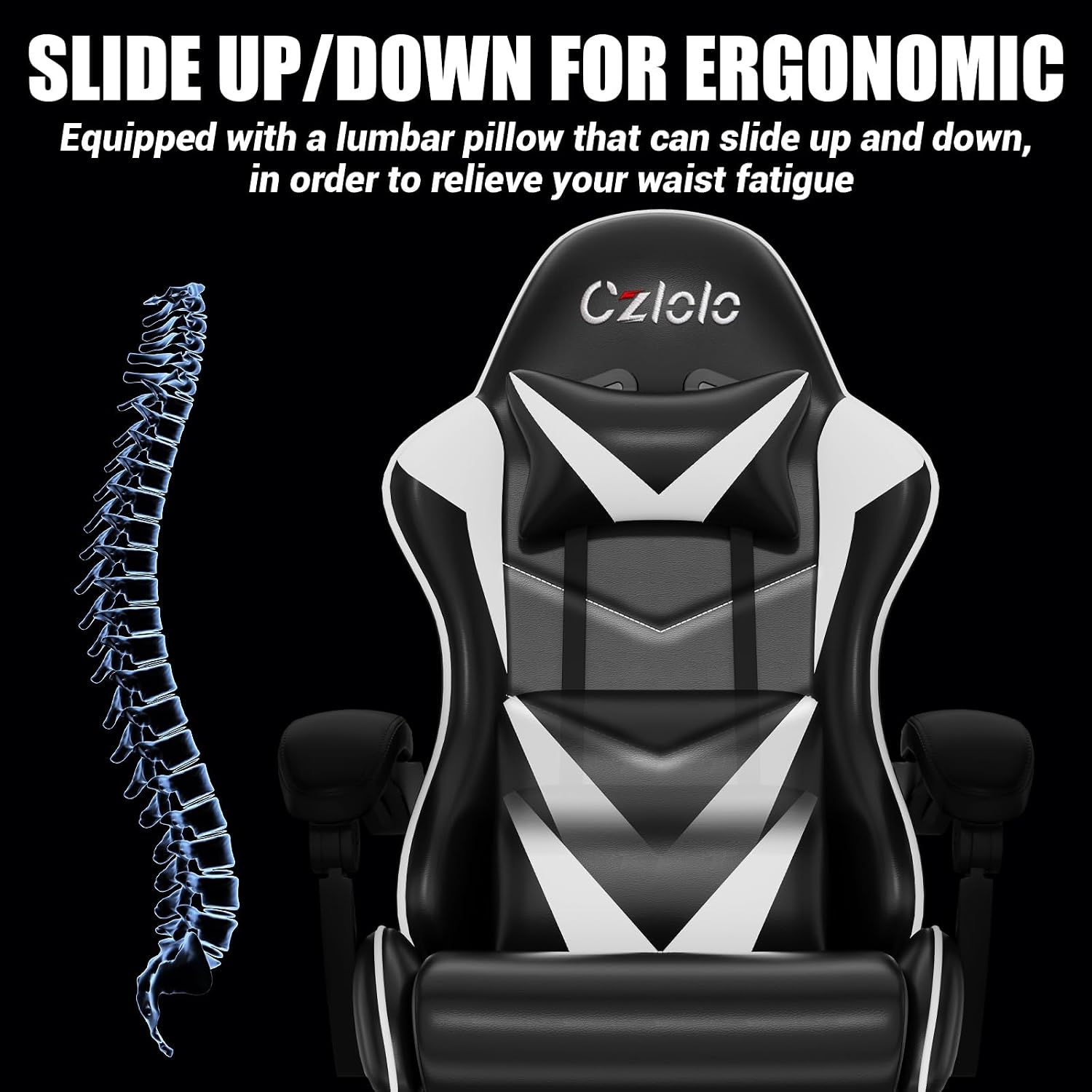 Czlolo Gaming Chair with Footrest Racing Style Lumbar Support Massager Video Game Chair with Metal Legs, High Back Reclining Gamer Chair with Headrest, 360° Swivel Office Computer Desk Chair (White)