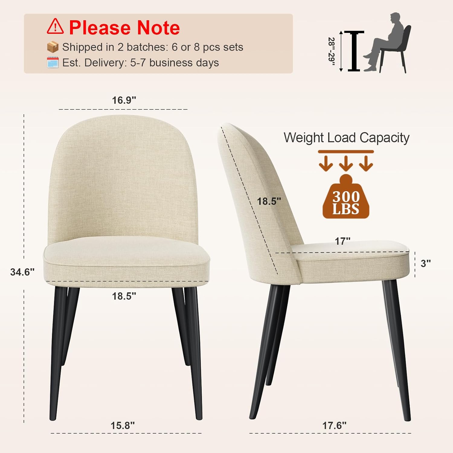 Upholstered Dining Chairs Set of 6, Comfortable Chenille Fabric Kitchen Chairs with High Back & Metal Legs, Modern Dinner Chair for Dining Room Restaurant Hotel Cafe, Beige
