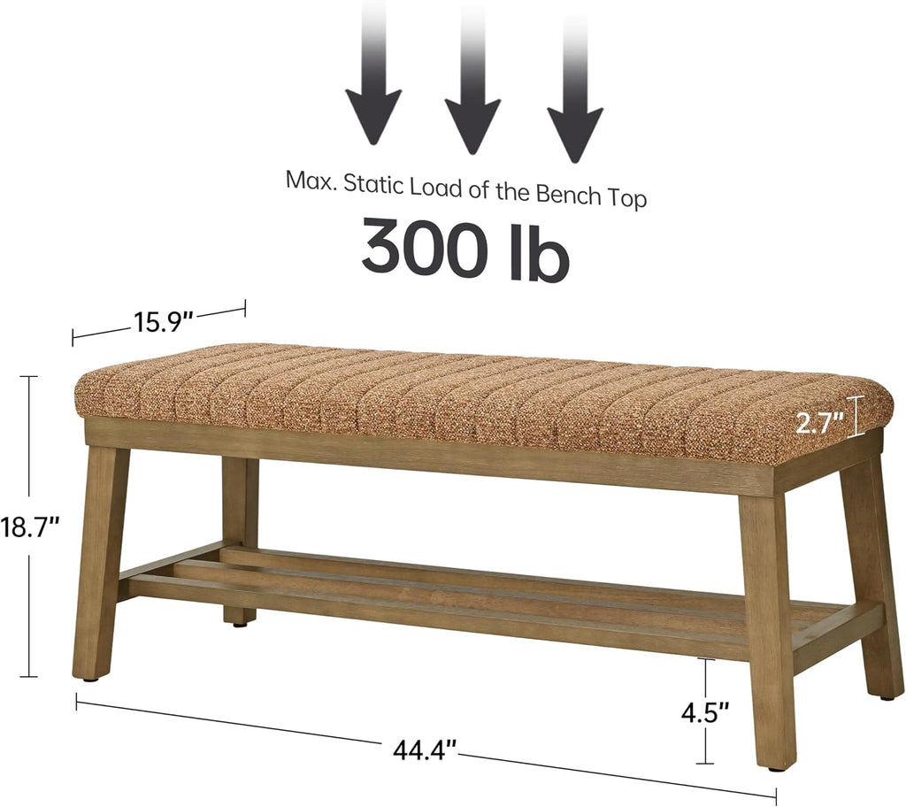VKNOW Entryway Bench, 44.4" Upholstered Storage Shoe Bench for Entryway Bedroom, Shoe Rack Bench with Rubberwood Legs, Modern End of Bed Bench for Living Room and Hallway, Orange