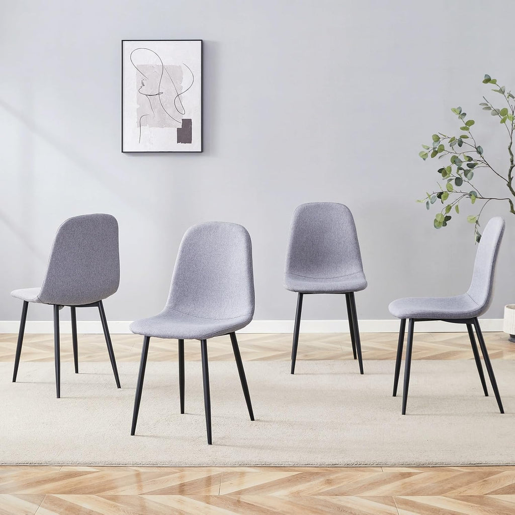 Modern Linen Dining Chairs Set of 4, Luxury Upholstered Kitchen Chairs with High Resilience Foam & Integral Black Metal Legs, Mid-Century Side Chairs for Dining Room, Vanity, Light Grey