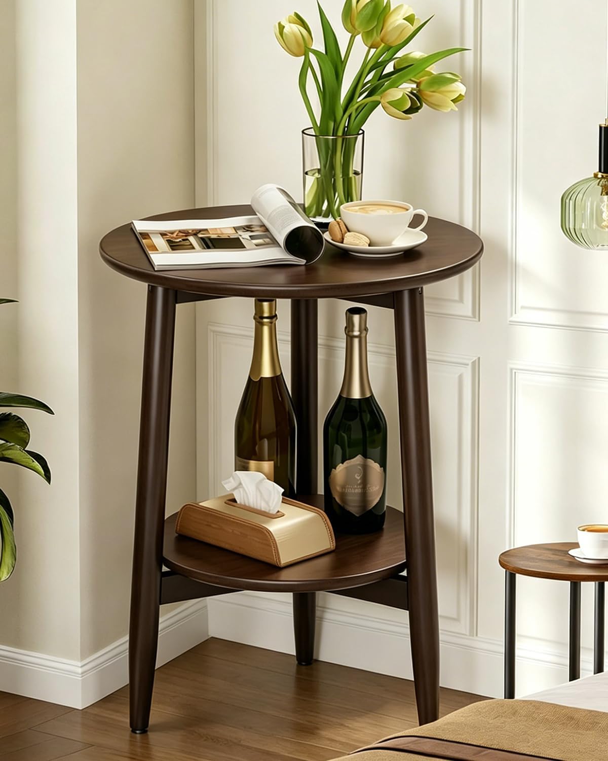 Round End Table,Solid Wood Small Round Table with Lower Shelf,Round Side Table,Nightstand for Small Spaces,Living Room,Bedroom(Walnut)
