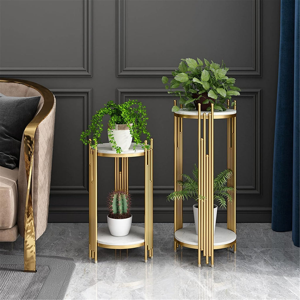 ELEFOCUS 2 Tier Marble Look Telephone Table Tall Slim Plant Stand & Round Side Table for Living Room Patio Decor (Size:33 * 33 * 50CM,Color:Gold)