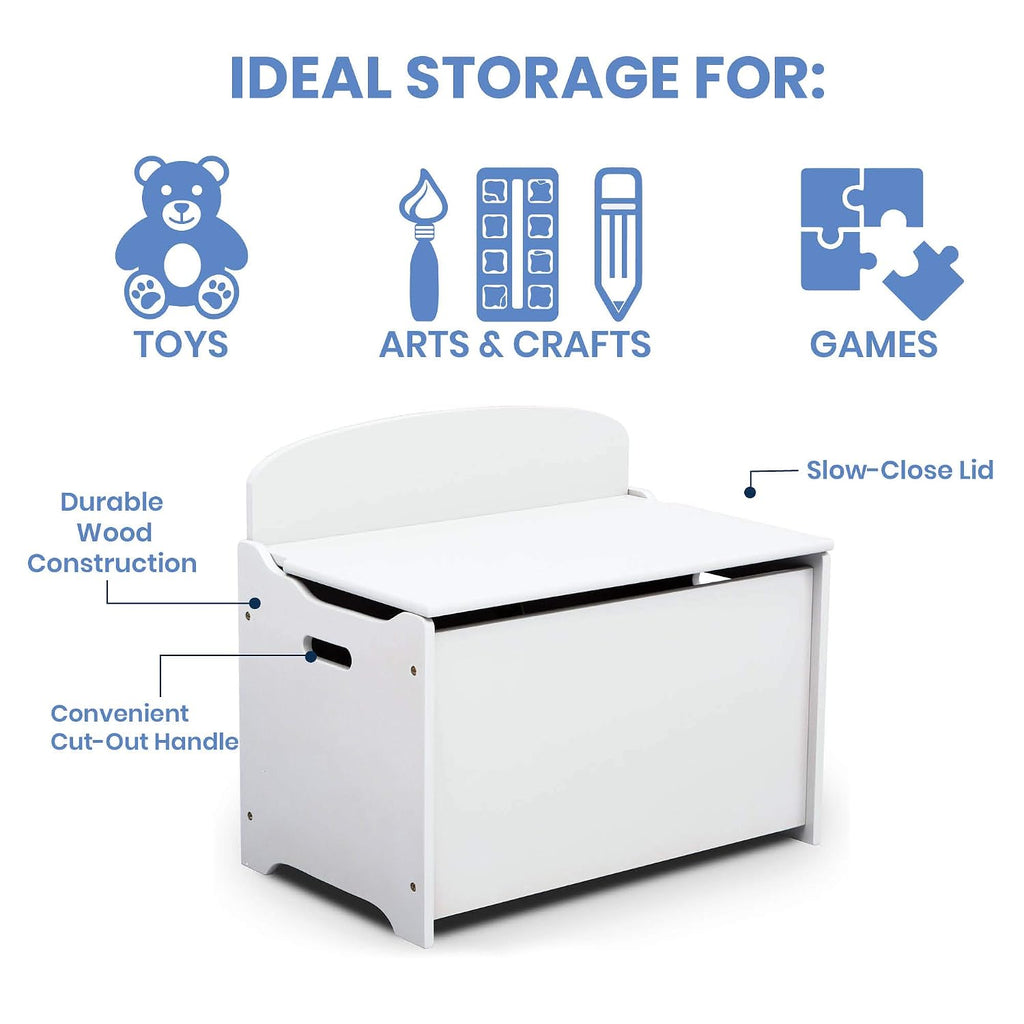 Delta Children MySize Toddler Bed, Bianca White + MySize Kids Wood Table and 2 Chair Set + MySize Deluxe Toy Box (Bundle)