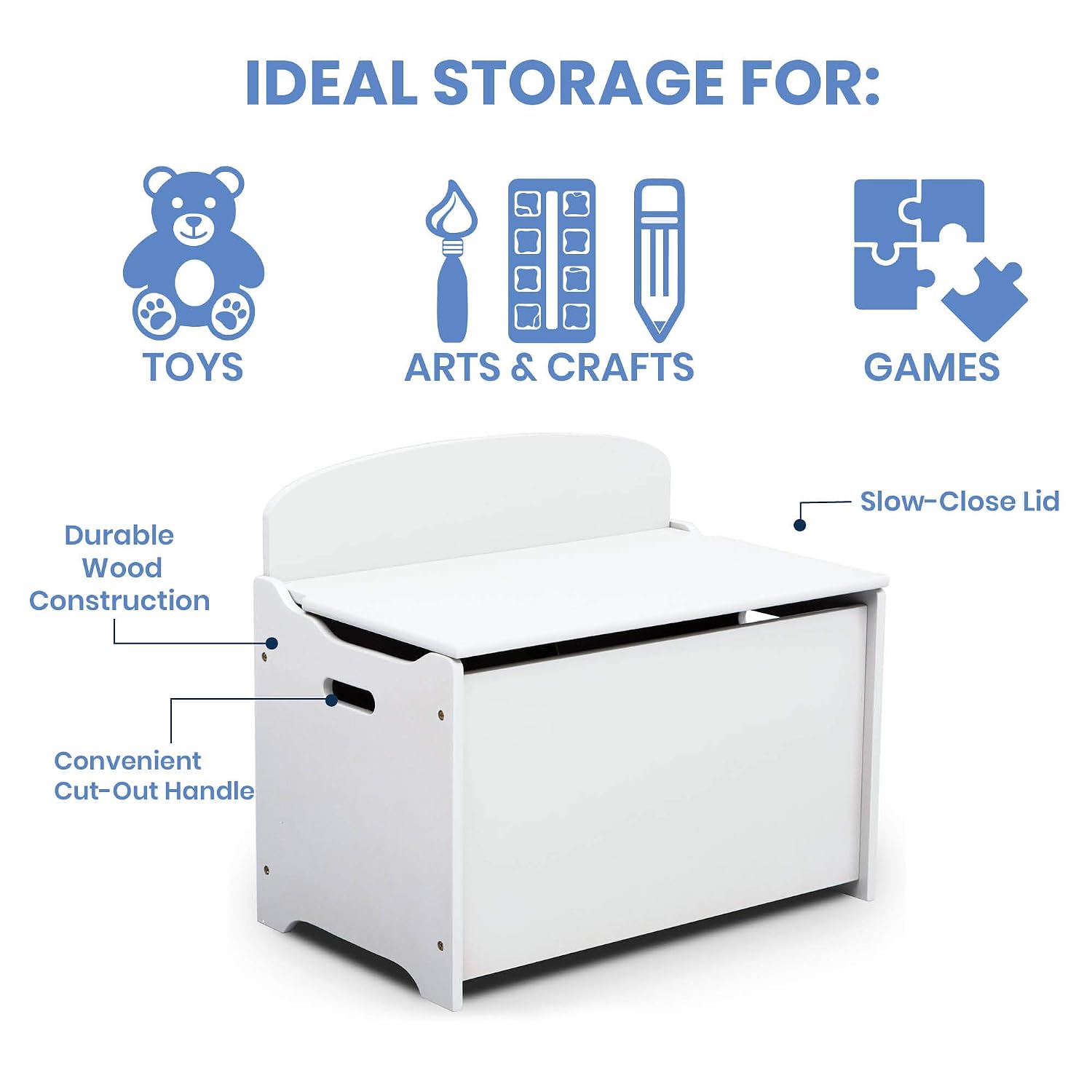 Delta Children MySize Toddler Bed, Bianca White + MySize Kids Wood Table and 2 Chair Set + MySize Deluxe Toy Box (Bundle)