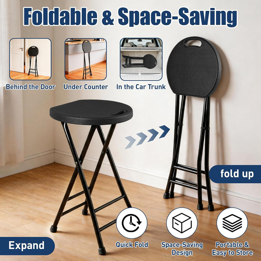 Folding Stool, Black 24 Inch Foldable Bar Stool with Handle | Folding Extra Seat, 500 lbs Capacity, Space-Saving, for Kitchen Island, Counter, Guitar, RV Travel, Camping, Party (1 Pack)