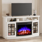 LUXOAK 59" Curved Fireplace TV Stand with Storage Cabinet for TVs Up to 65" | Built 26" Electric Fireplace, Farmhouse Entertainment Center with Open Shelves, Media TV Console for Living Room, White