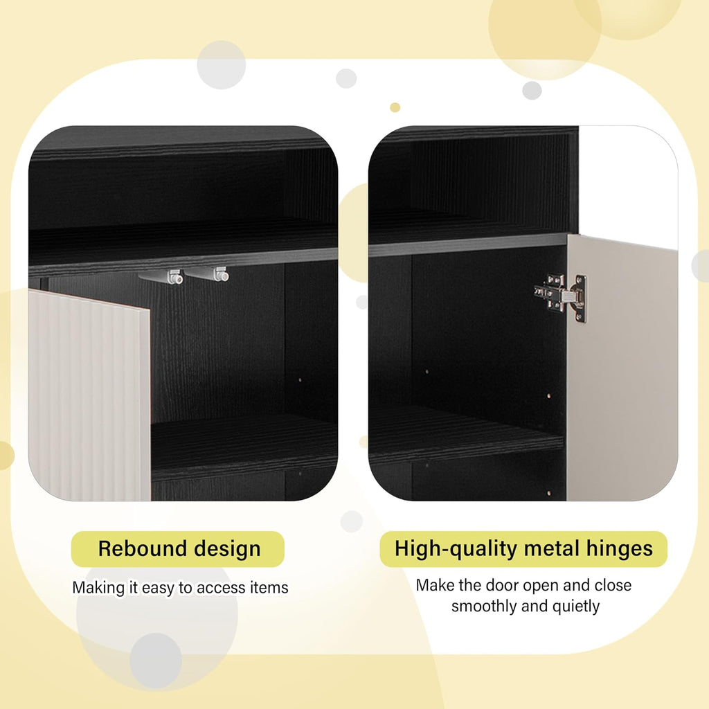 Modern Storage Cabinet with Shoe Bench, 2 Doors and 3-Tier Adjustable Shelves, Entryway Bench with 4 Open Shoe Racks and Removeble Cushion, Console Table with Wavy Slatted Door and Hooks (Beige+Black)