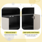 Modern Storage Cabinet with Shoe Bench, 2 Doors and 3-Tier Adjustable Shelves, Entryway Bench with 4 Open Shoe Racks and Removeble Cushion, Console Table with Wavy Slatted Door and Hooks (Beige+Black)