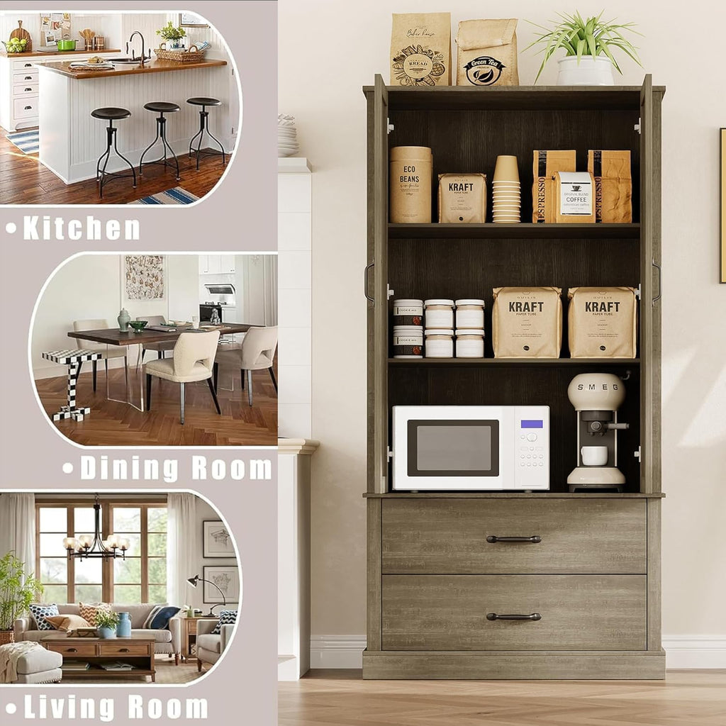 IDEALHOUSE Kitchen Pantry Cabinet, Freestanding Tall Hutch with Barn Doors, Drawer and 2 Adjustable Shelves for Dining Room, Kitchen, Grey