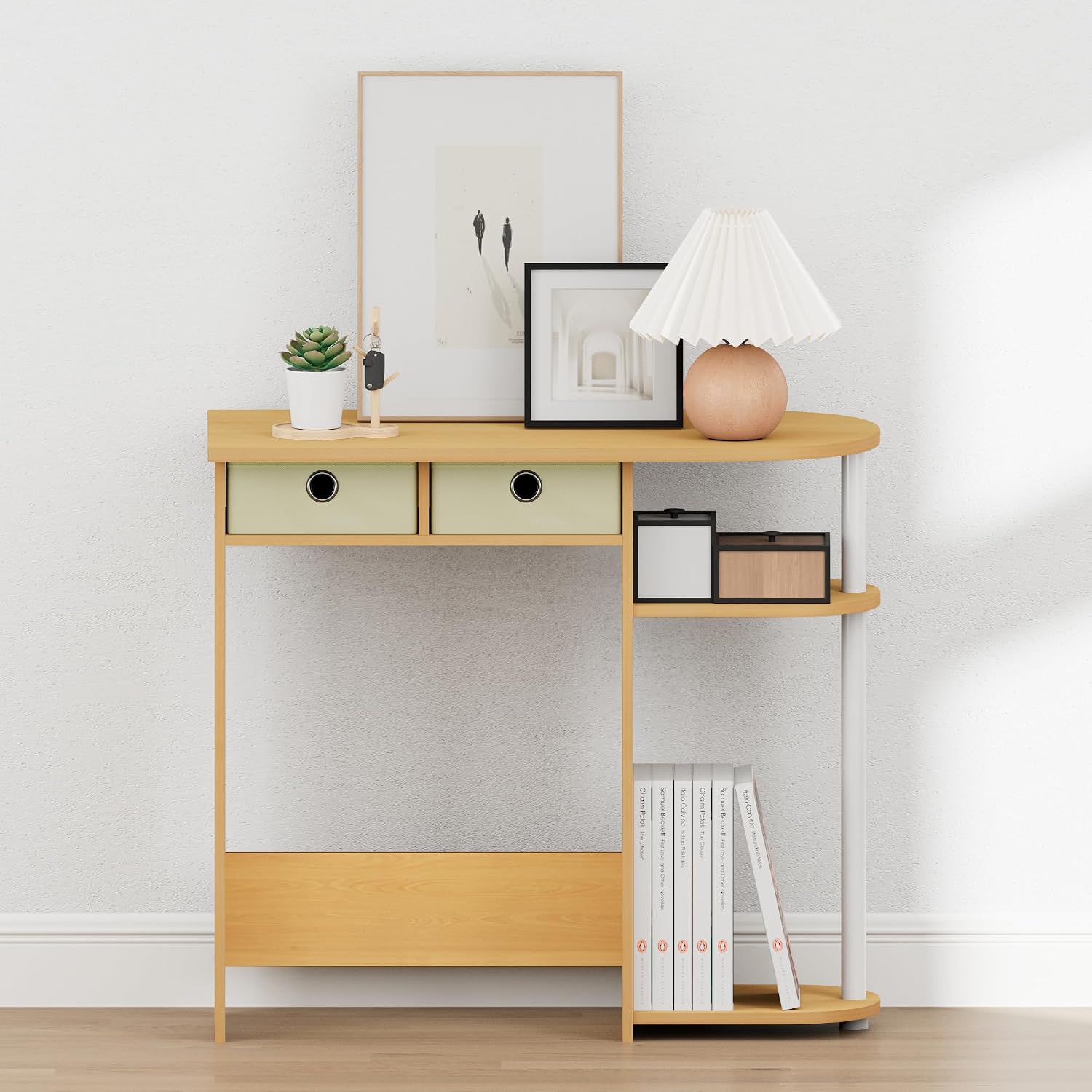 Furinno Jaya 32-Inch Oak Entryway Table with 2 Fabric Drawers, Console Table with Open Shelves, Behind Sofa Couch Tables, for Living Room, Entryway, Hallway, Beech