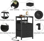 End Table with Charging Station & USB Ports, Rustic Nightstand with Fabric Drawers and Storage Shelf, Sofa Bed Side Table, Narrow Entryway Table for Bedroom Living Room, Black