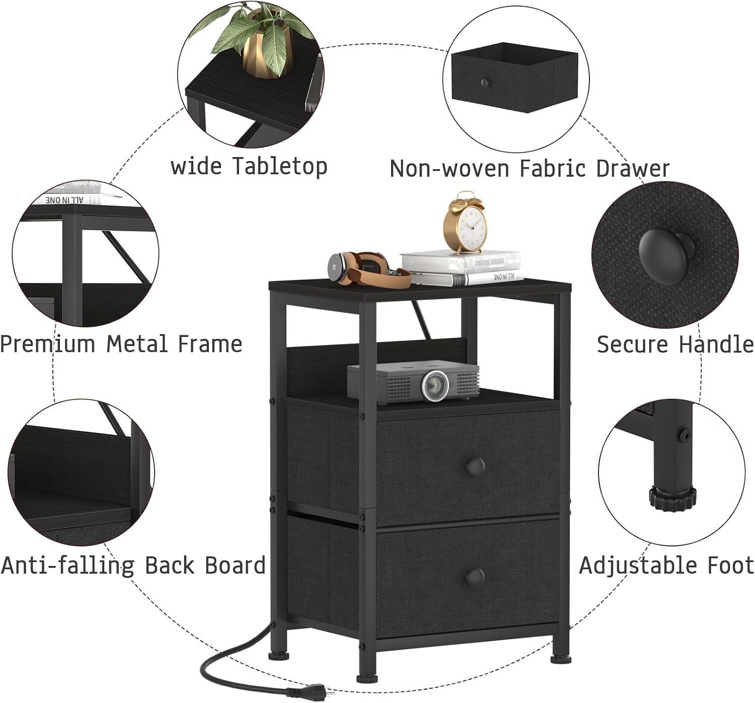 End Table with Charging Station & USB Ports, Rustic Nightstand with Fabric Drawers and Storage Shelf, Sofa Bed Side Table, Narrow Entryway Table for Bedroom Living Room, Black