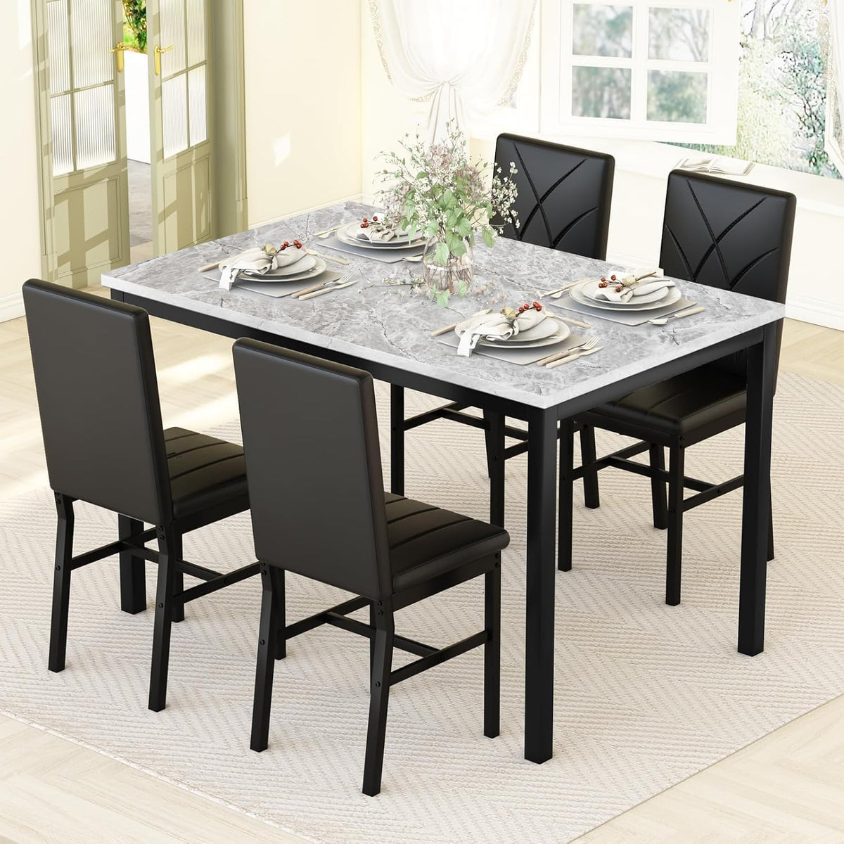 Hooseng Dining Table Set for 4 Faux Marble Kitchen Table and Chairs Set of 4,5 Piece with PU Leather Upholstered Dinner Chairs for Compact Dining Room,Small Space,Black
