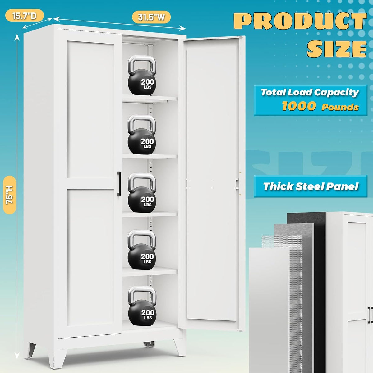 75" Pantry Cabinet,Kitchen Storage Cabinet with Adjustable Shelves | 1000 LBS Capacity Metal Pantry Cabinet with Magnetic & Anti-Tip,Storage Cabinet with Adjustable Feet for Kitchen,Dining Room