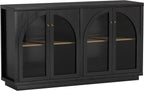 Arched Sideboard Buffet Cabinet with 4 Doors, Modern Accent Storage Cabinet with Adjustable Shelves, Boho Console Table Bar Cabinet Storage Credenza for Living Room, Black/Oak
