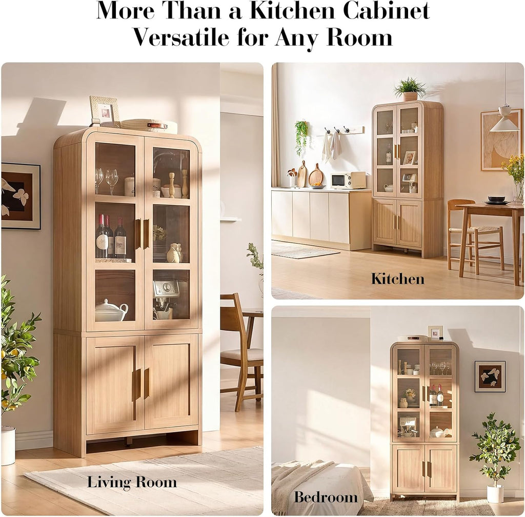 77" Tall Kitchen Pantry Cabinet,Thickened Panel,Oak,1Pcs | Wooden Curved Storage Cabinets with Adjustable Shelf, Cupboard with Glass Door for Dining Room, Living Room, Bathroom