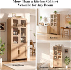 77" Tall Kitchen Pantry Cabinet,Thickened Panel,Oak,1Pcs | Wooden Curved Storage Cabinets with Adjustable Shelf, Cupboard with Glass Door for Dining Room, Living Room, Bathroom